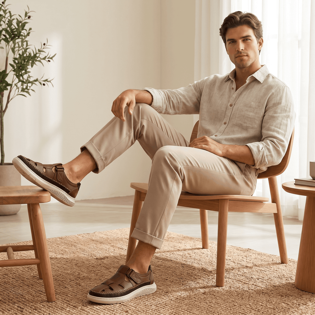 Man in beige linen shirt seated with legs crossed, wearing brown leather Toby fisherman sandals, in a bright room with a plant and jute rug