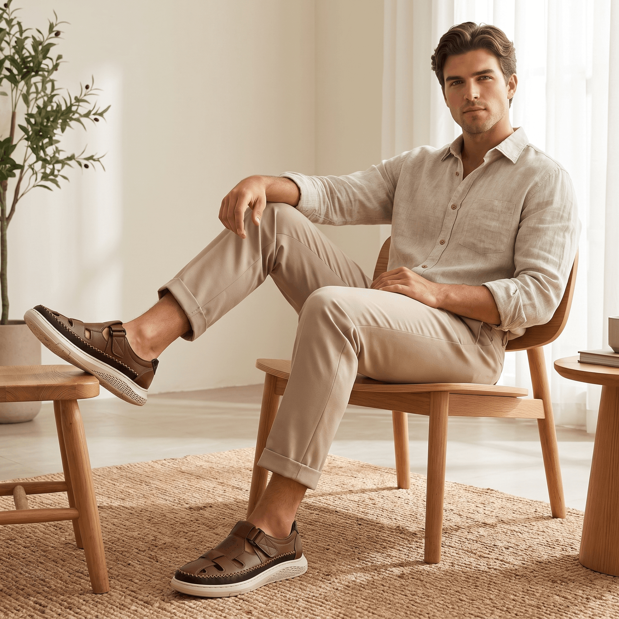 Man in beige linen shirt seated with legs crossed, wearing brown leather Toby fisherman sandals, in a bright room with a plant and jute rug