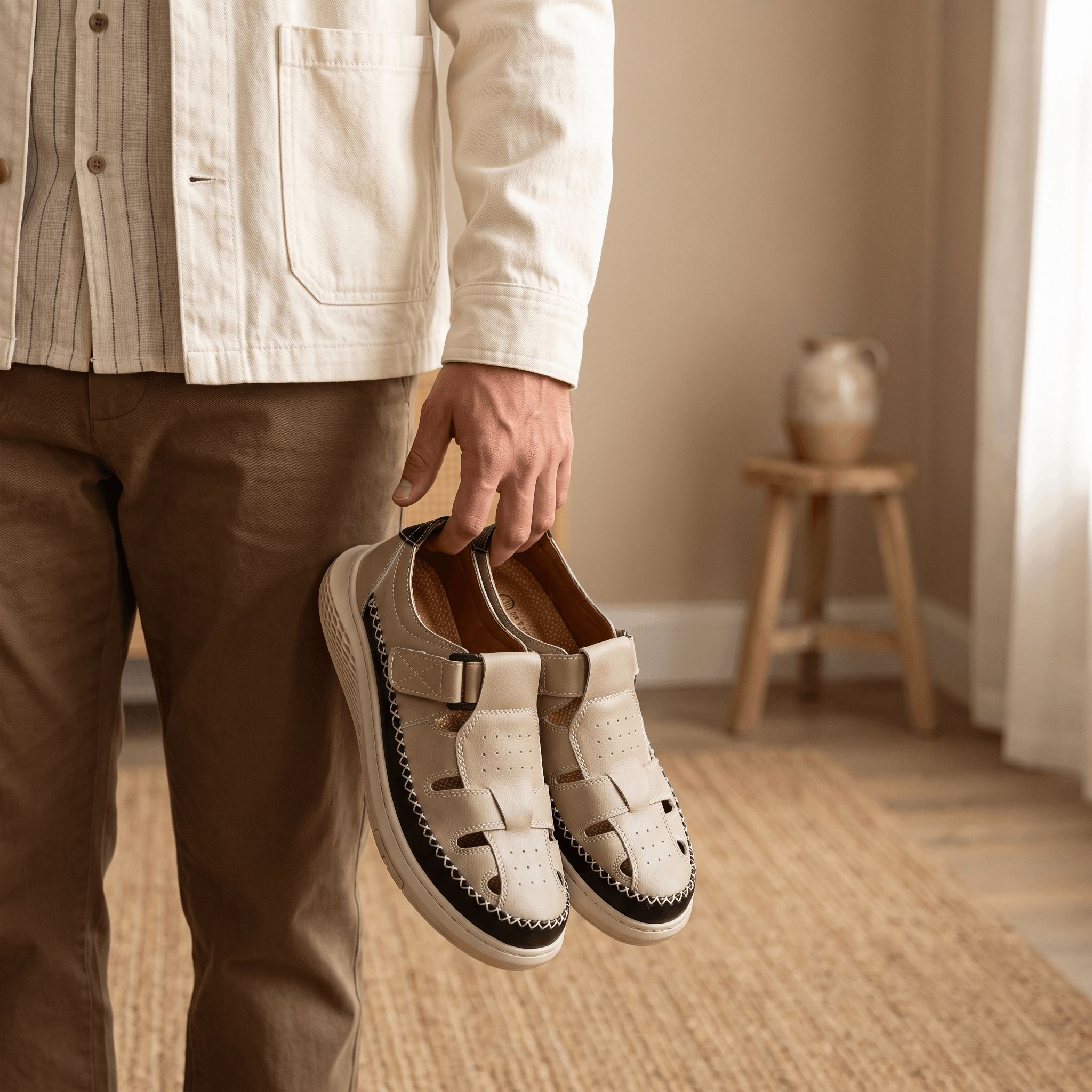 Man in beige jacket holding a pair of beige leather Toby fisherman sandals by the straps, standing in a warmly lit room on a jute rug