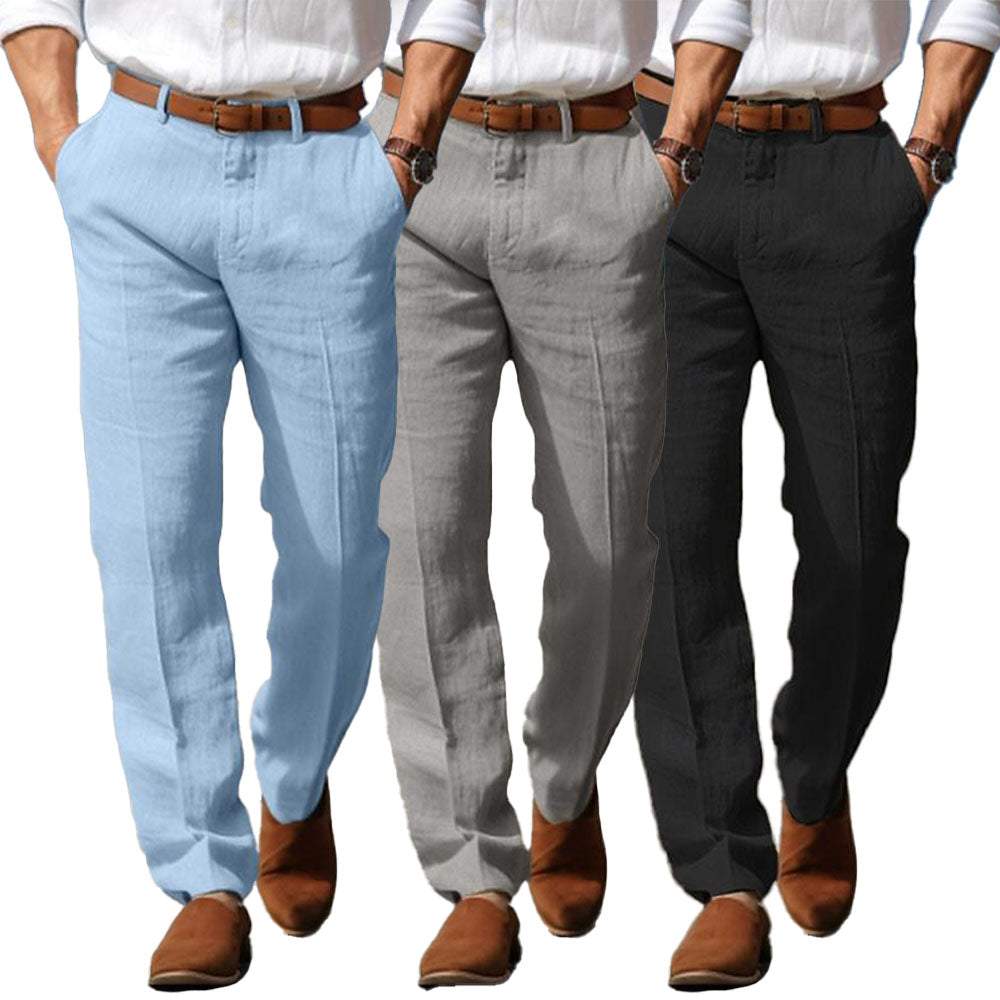Men's linen trousers shown in light blue, gray, and black color options with a relaxed straight-leg fit.