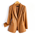 Caramel vegan leather blazer on hanger showing notched lapel and single-button front