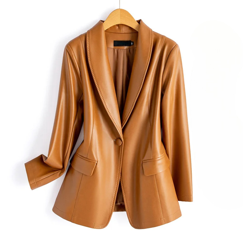 Caramel vegan leather blazer on hanger showing notched lapel and single-button front