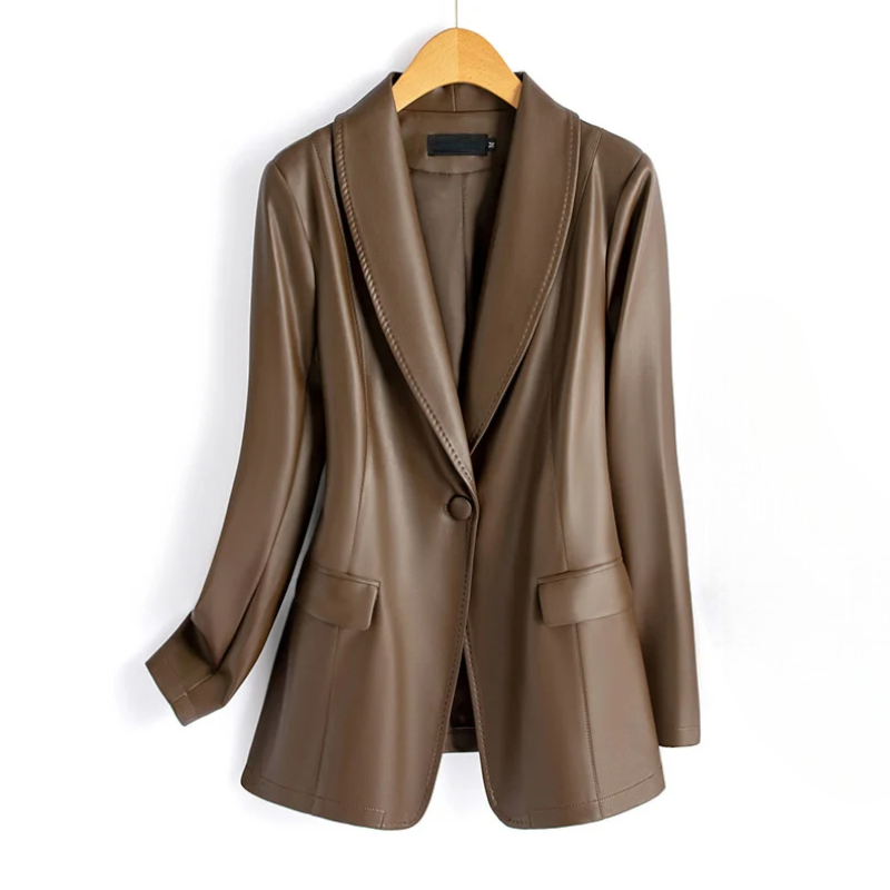 Chocolate brown vegan leather blazer on hanger with wide notched lapel and patch pockets