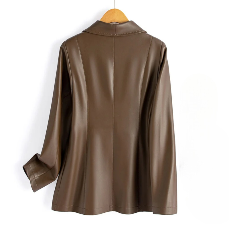 Back view of the chocolate brown vegan leather blazer on hanger, showing clean back seaming