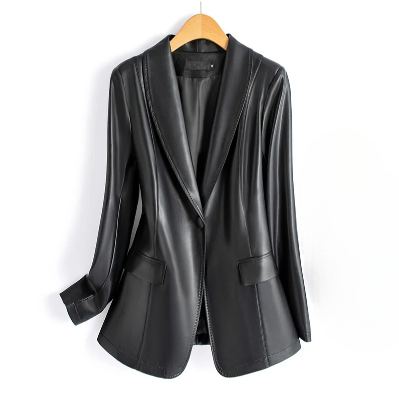 Licorice black vegan leather blazer on hanger showing the shawl-style notched lapel