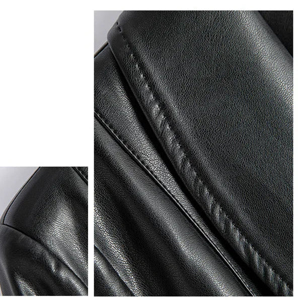 Close-up of the black vegan leather texture and topstitched lapel edge