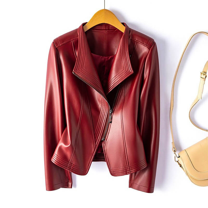 Valeria Vegan Leather Jacket in Crimson Red hanging on display