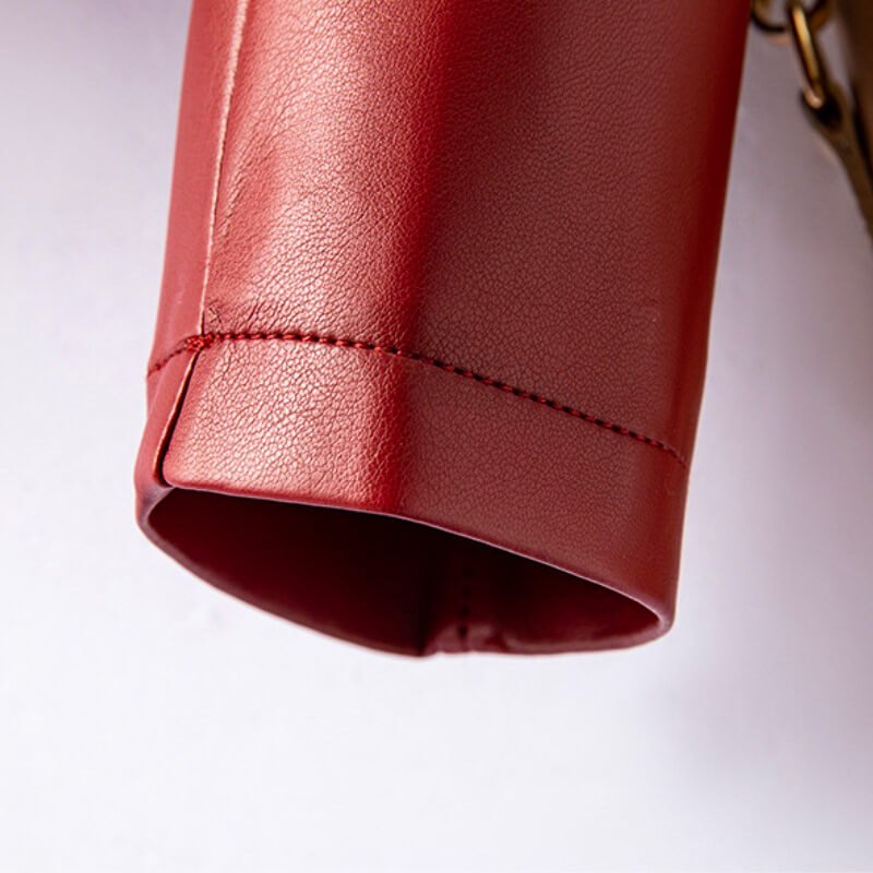 Close-up of the sleeve cuff and hem finish on the Valeria Vegan Leather Jacket