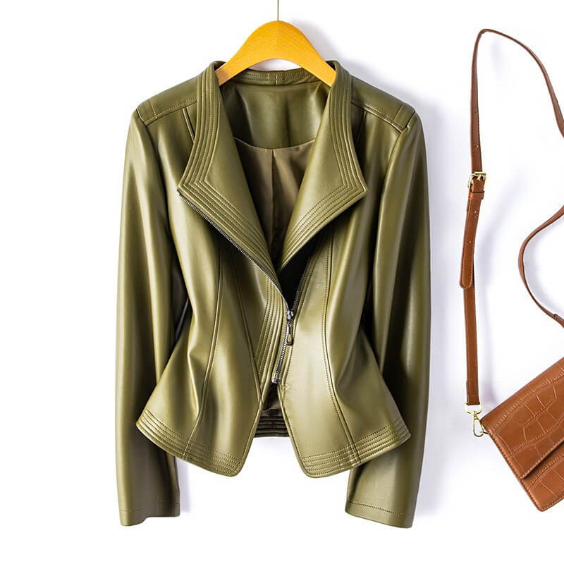 Valeria Vegan Leather Jacket in Olive Green hanging on display