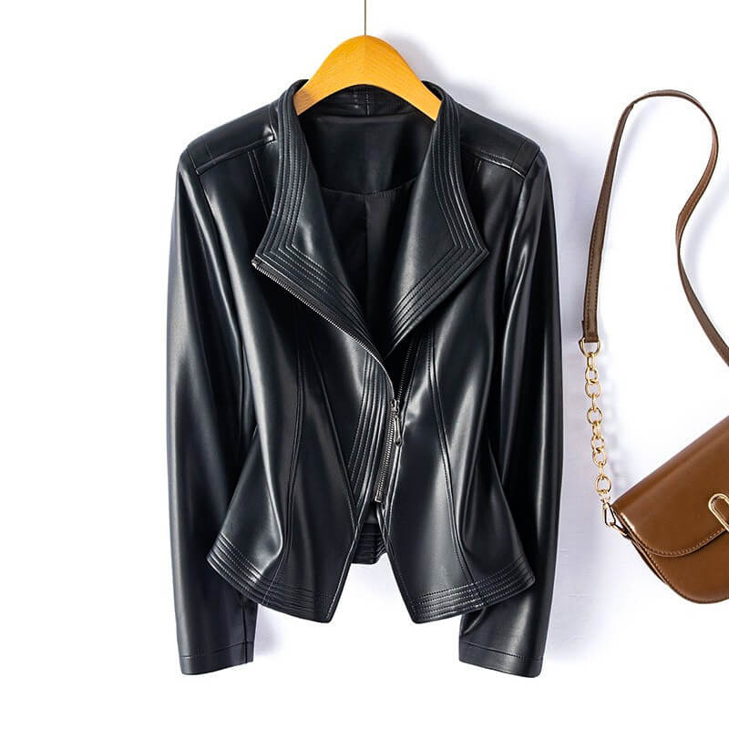 Valeria Vegan Leather Jacket in Jet Black hanging on display