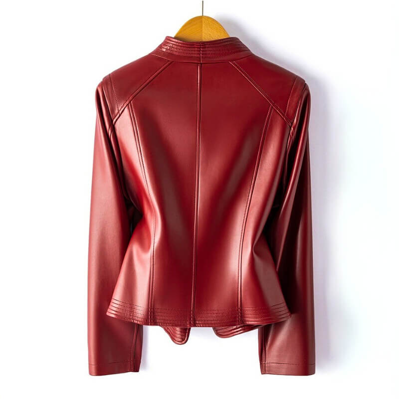 Back view of Valeria Vegan Leather Jacket in Crimson Red showing structured fit