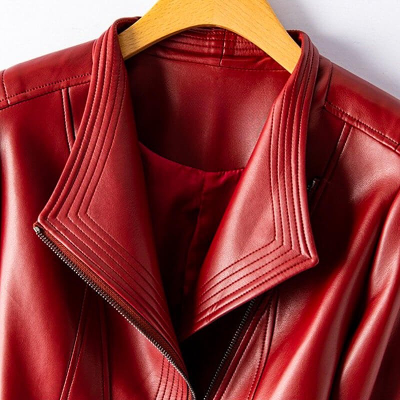 Close-up of the wide notch lapel on the Valeria Vegan Leather Jacket