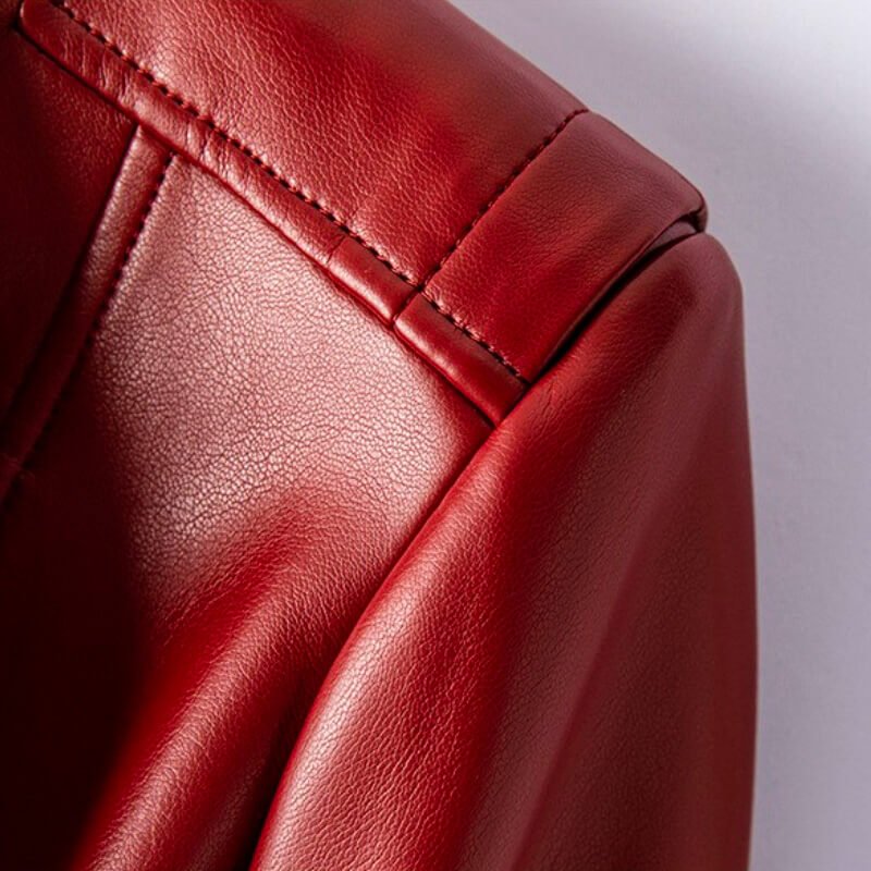 Close-up of the shoulder seam and structured stitching on the Valeria Vegan Leather Jacket