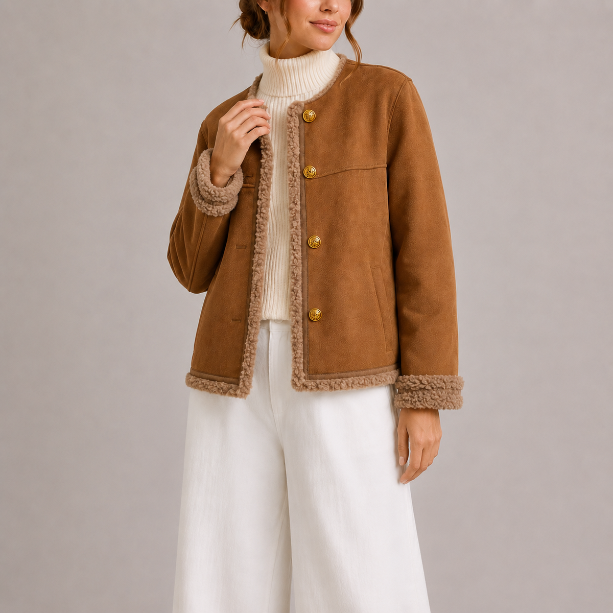 A woman wearing a brown vegan suede jacket with sherpa trim and gold-tone buttons, front view