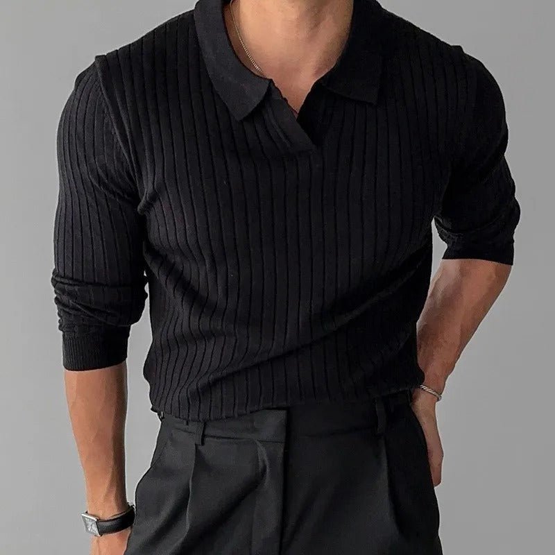 Victor Ribbed Knit Polo – Open Collar Fitted Silhouette Smart Casual Top