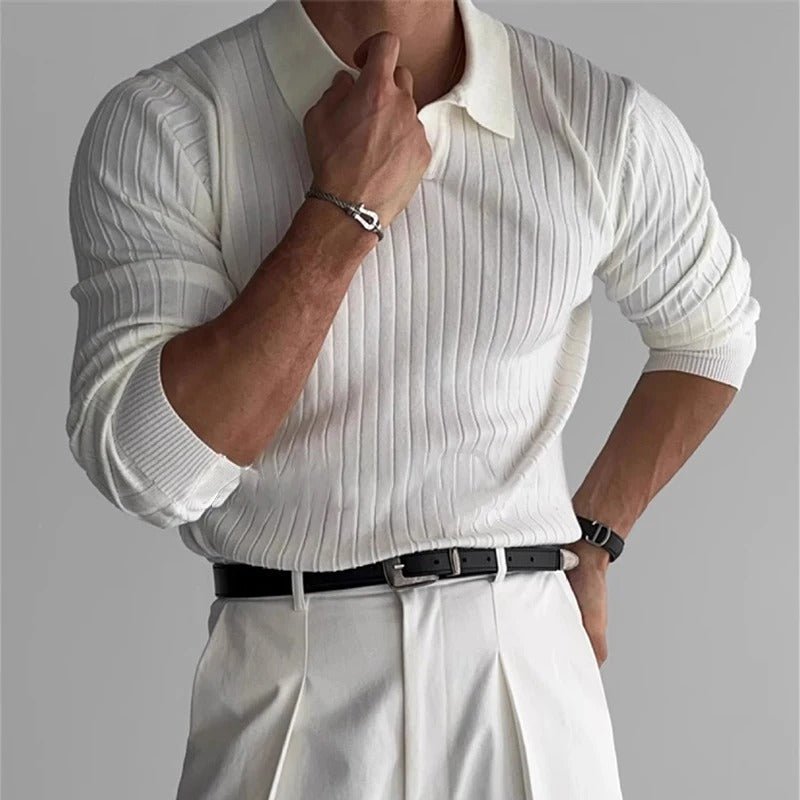 Victor Ribbed Knit Polo – Open Collar Fitted Silhouette Smart Casual Top