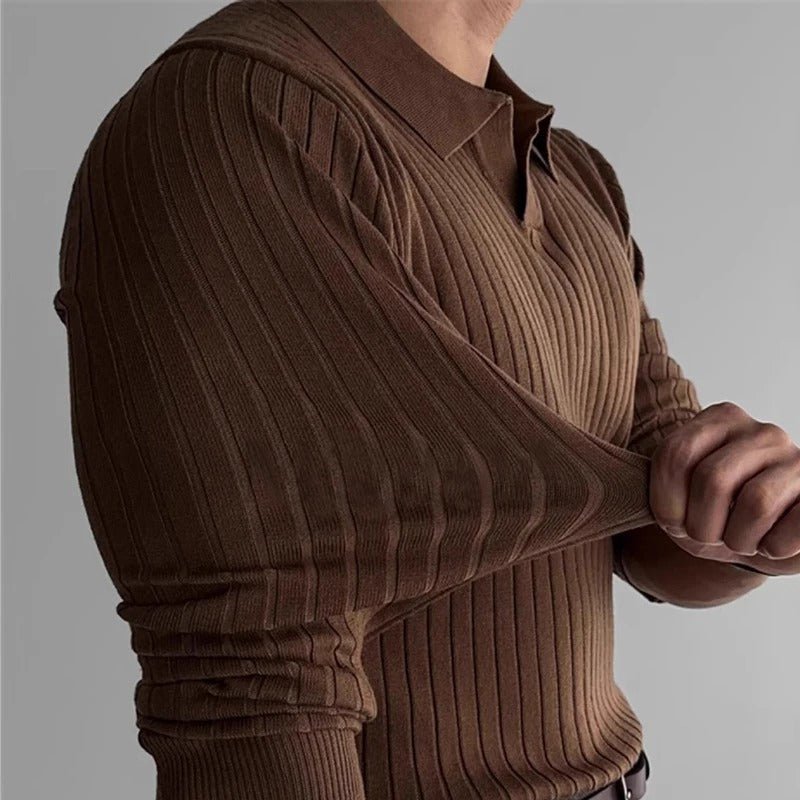 Victor Ribbed Knit Polo – Open Collar Fitted Silhouette Smart Casual Top