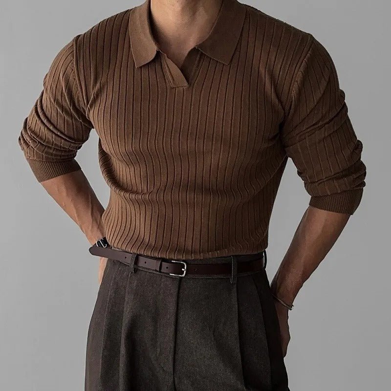 Victor Ribbed Knit Polo – Open Collar Fitted Silhouette Smart Casual Top