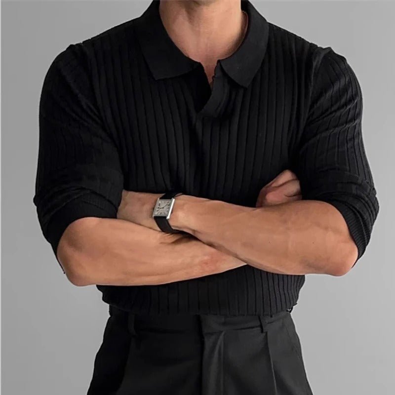 Victor Ribbed Knit Polo – Open Collar Fitted Silhouette Smart Casual Top