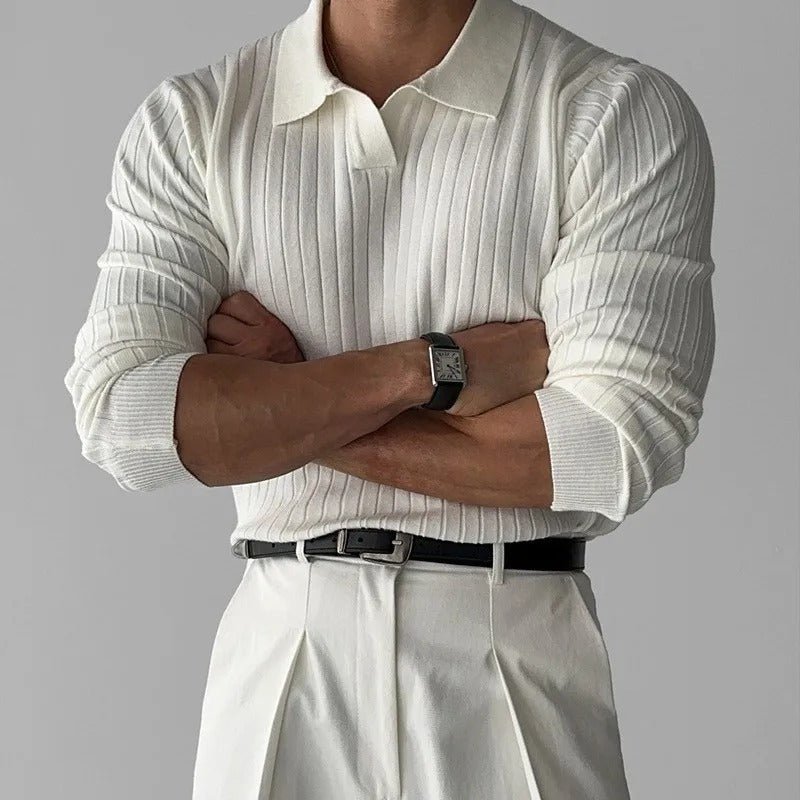 Victor Ribbed Knit Polo – Open Collar Fitted Silhouette Smart Casual Top
