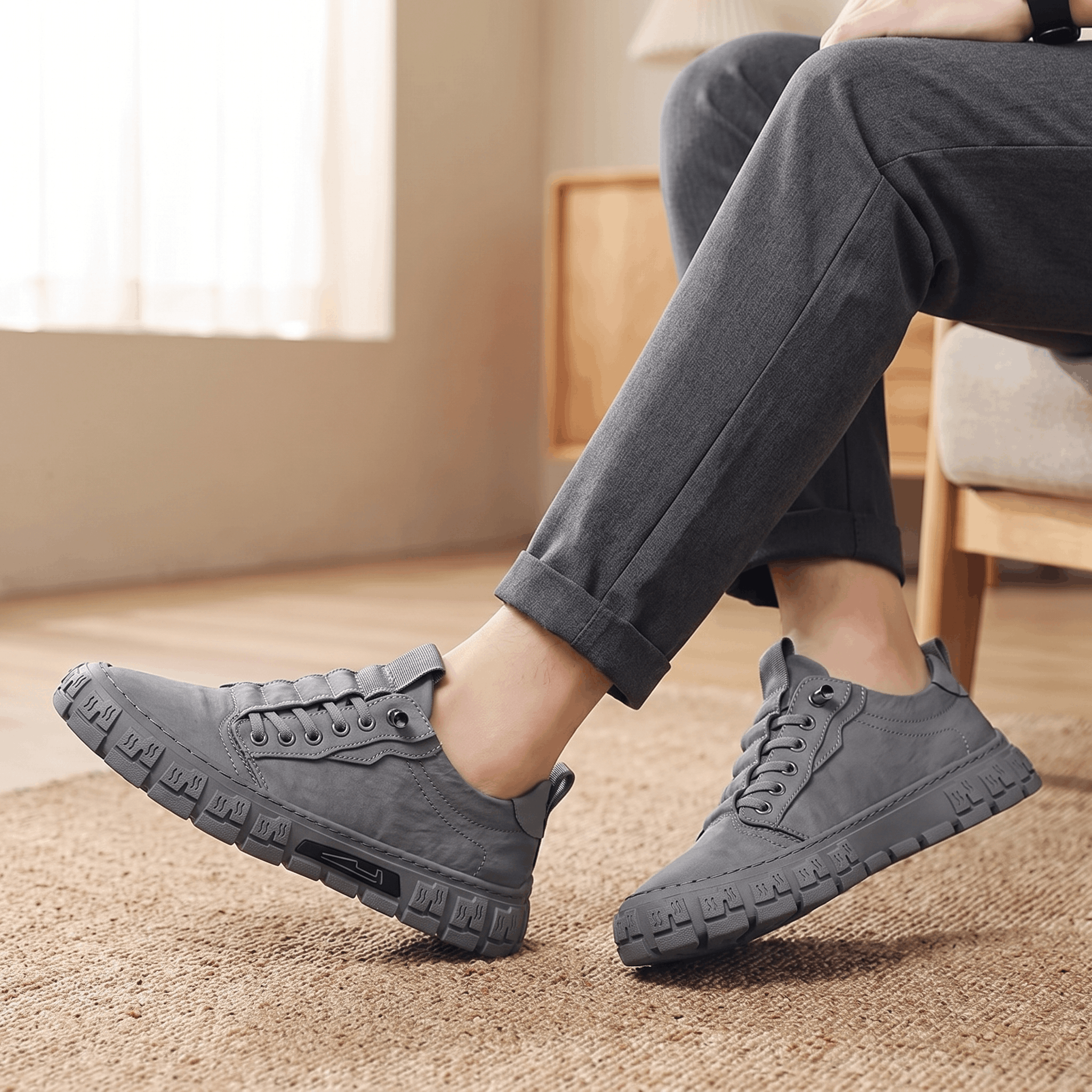 Legs in cuffed gray trousers wearing gray canvas sneakers, seated near a sunlit window on a woven rug