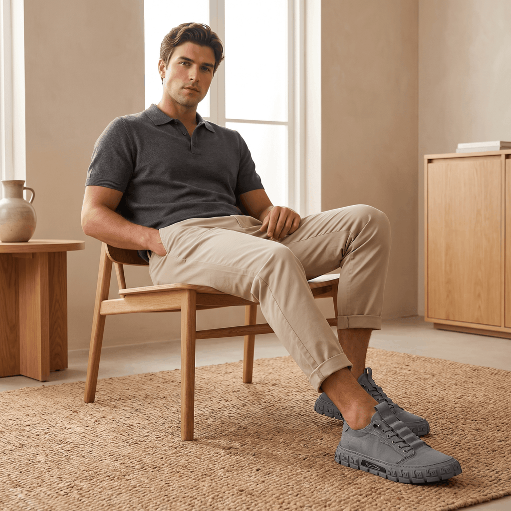 Man in dark polo shirt and khaki trousers seated on a wooden chair with legs crossed, wearing gray canvas sneakers, in a sunlit room with a jute rug
