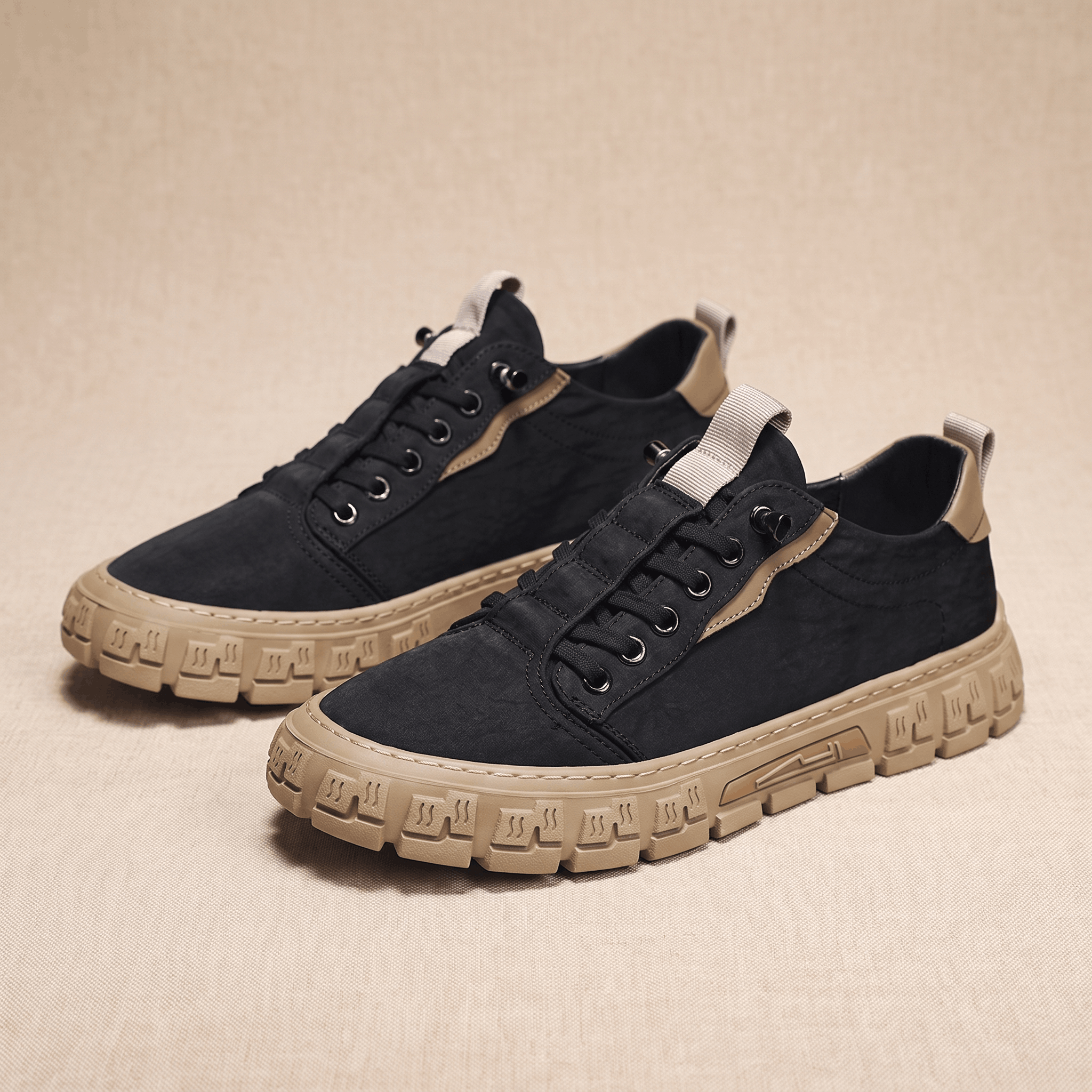 Pair of black canvas sneakers with tan trim and tan treaded soles arranged side by side on a beige fabric backdrop