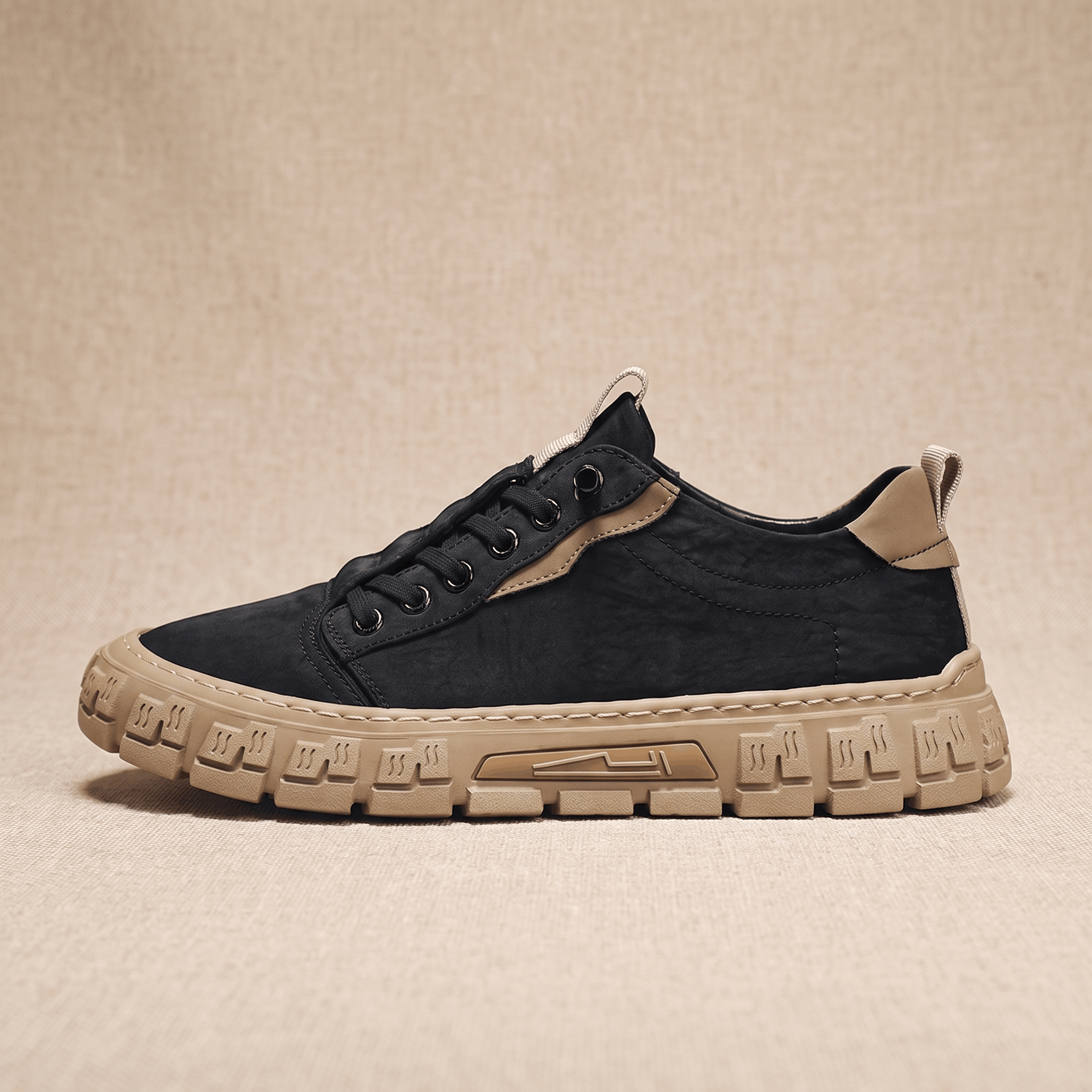 Side profile view of a black canvas sneaker with tan heel patch and tan treaded sole on a beige backdrop
