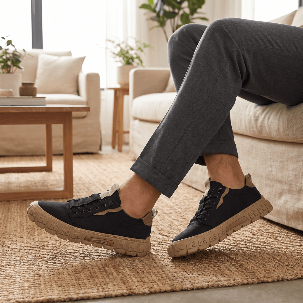 Legs in cuffed gray trousers wearing black canvas sneakers with tan trim, feet crossed on a jute rug in a cozy living room