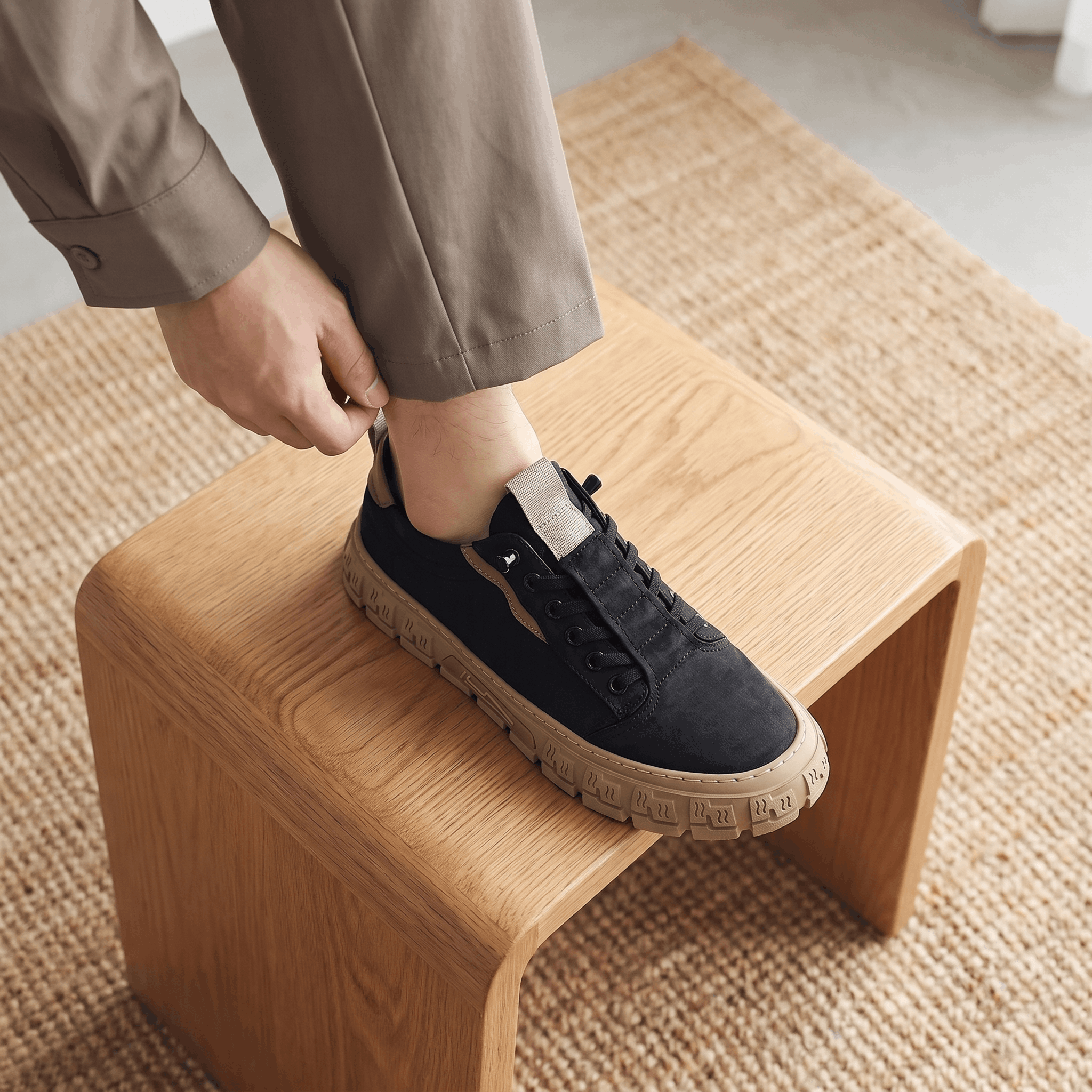 Person in beige trousers adjusting cuff with foot resting on a wooden stool wearing a black canvas sneaker, on a jute rug