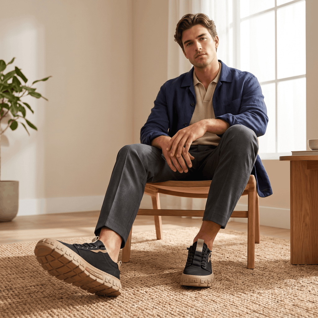 Man in blue jacket seated with legs crossed, wearing one black and one gray canvas sneaker, in a bright room on a jute rug