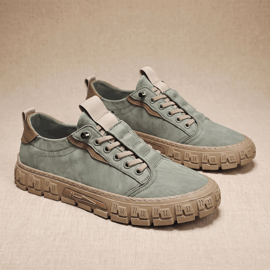Pair of sage green suede sneakers with tan trim and gum rubber soles arranged side by side on a beige fabric backdrop