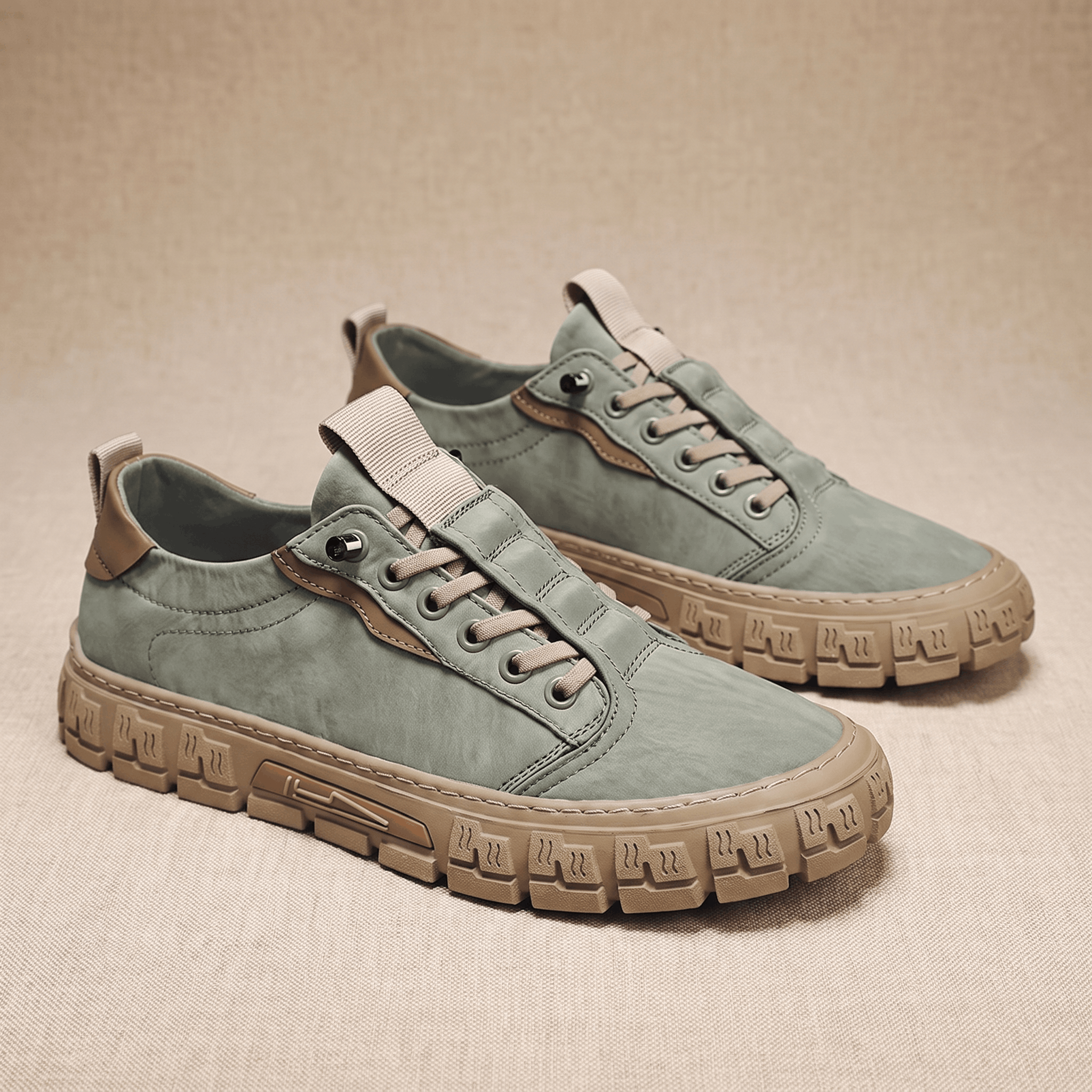 Pair of sage green suede sneakers with tan trim and gum rubber soles arranged side by side on a beige fabric backdrop