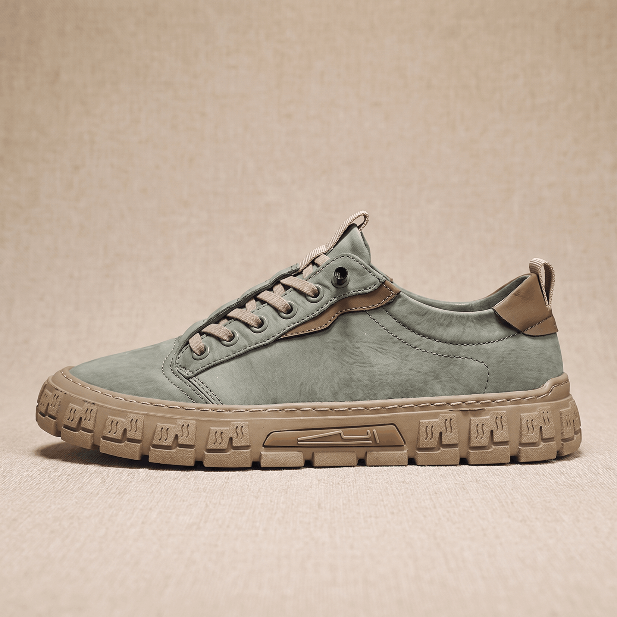 Side profile view of a sage green suede sneaker with tan heel patch and chunky treaded gum sole on a beige backdrop