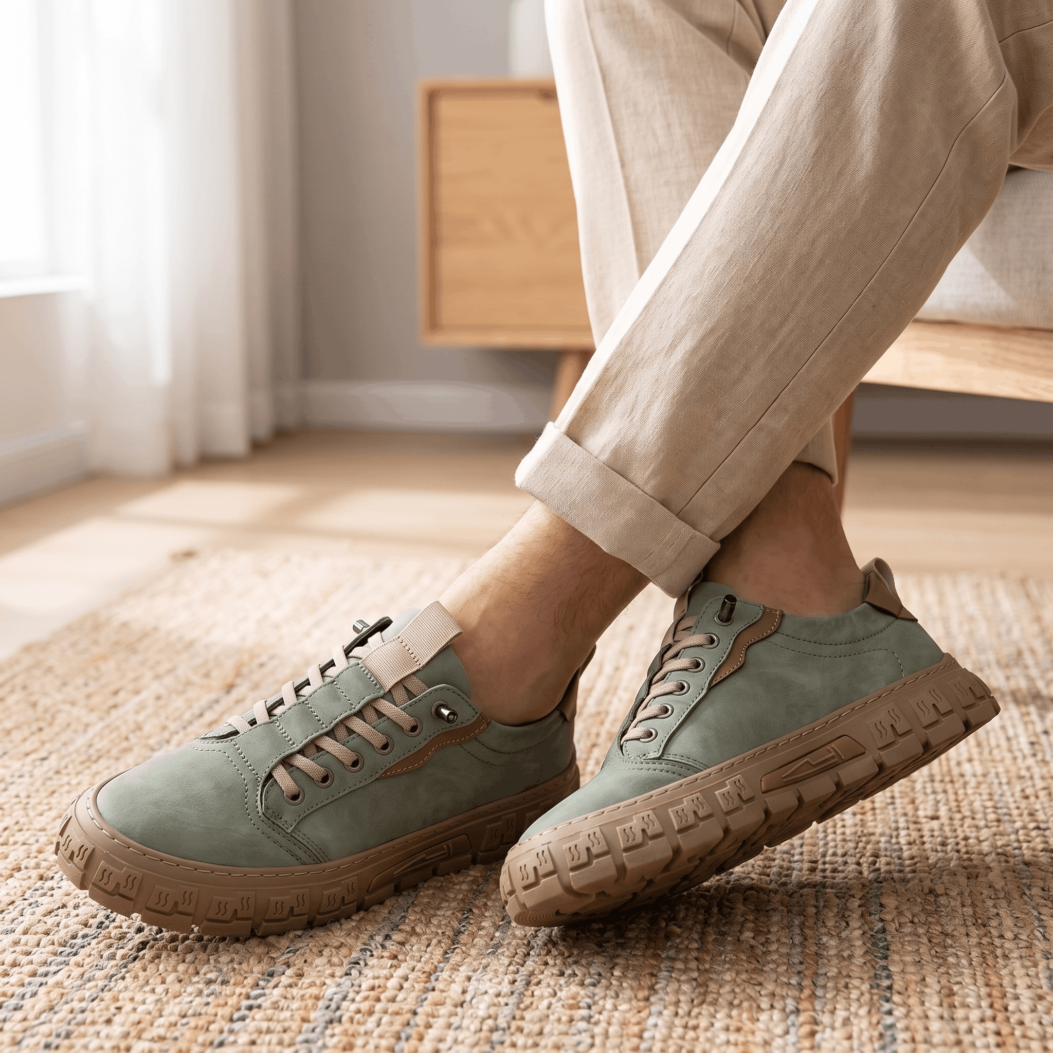 Close-up of legs in cuffed beige trousers wearing sage green suede sneakers, feet crossed on a woven rug in a sunlit room