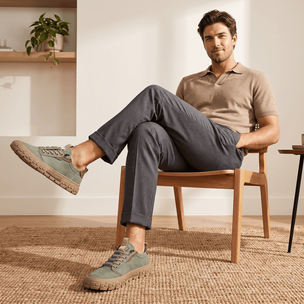 Man in tan polo shirt seated on a wooden chair with legs crossed, wearing sage green suede sneakers, in a bright room with a potted plant