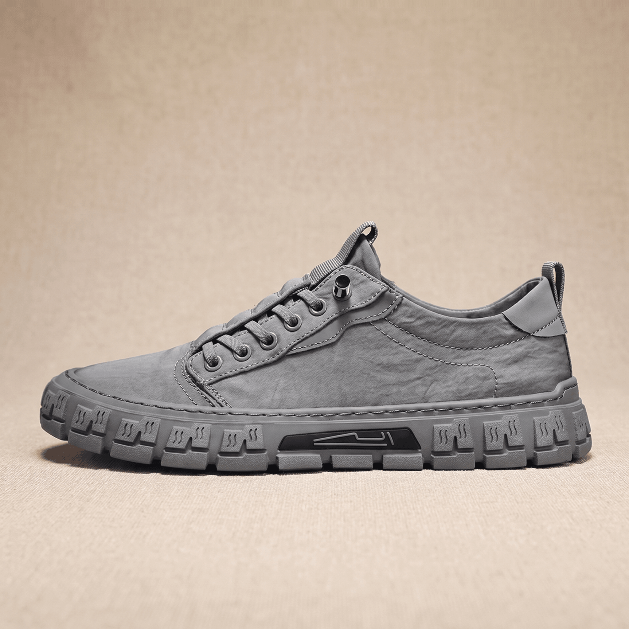 Side profile view of a gray canvas sneaker with treaded gum sole on a beige backdrop