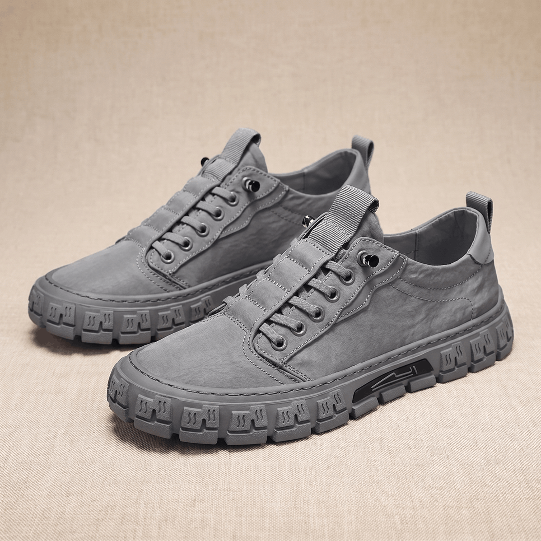 Pair of gray canvas sneakers with treaded gum soles arranged side by side on a beige fabric backdrop