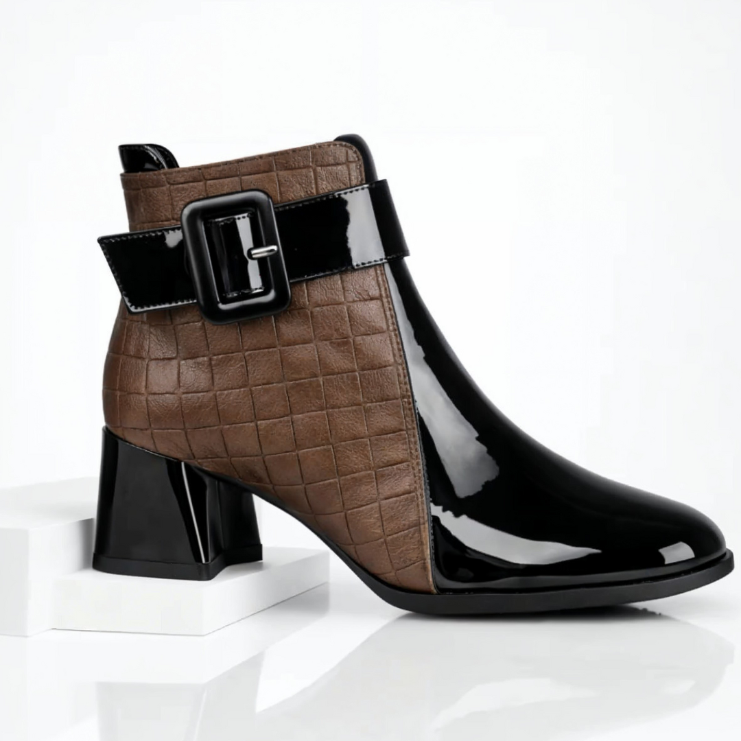 Vittoria Patent Leather Ankle Boots – Quilted Buckle Block-Heel Footwear