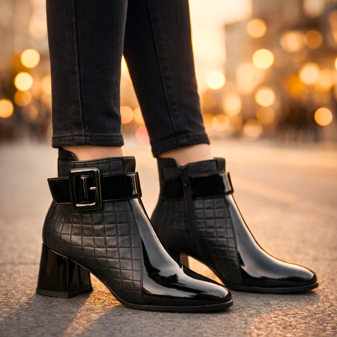 Vittoria Patent Leather Ankle Boots – Quilted Buckle Block-Heel Footwear