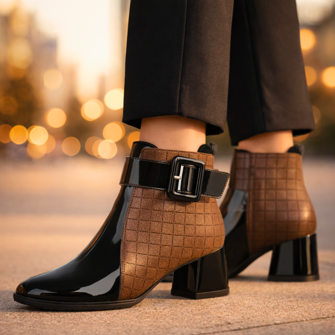 Vittoria Patent Leather Ankle Boots – Quilted Buckle Block-Heel Footwear