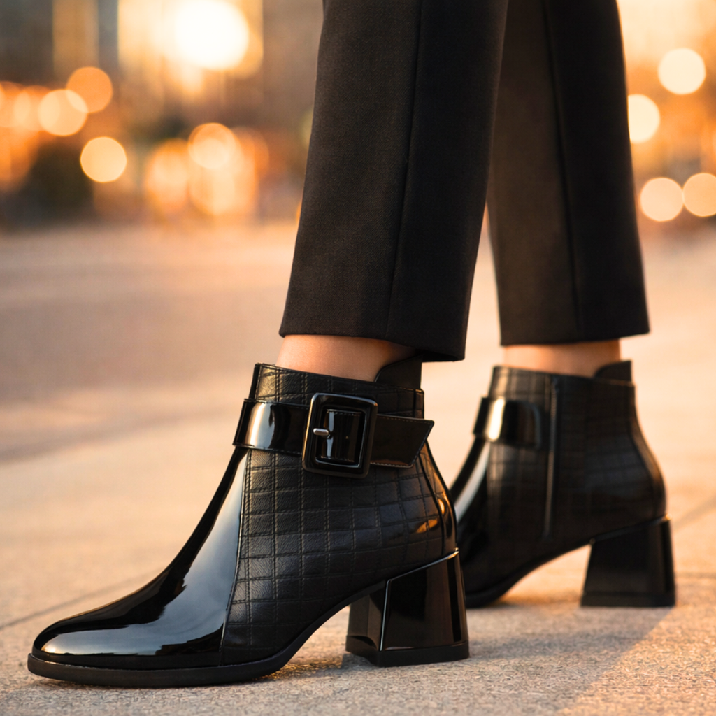 Vittoria Patent Leather Ankle Boots – Quilted Buckle Block-Heel Footwear