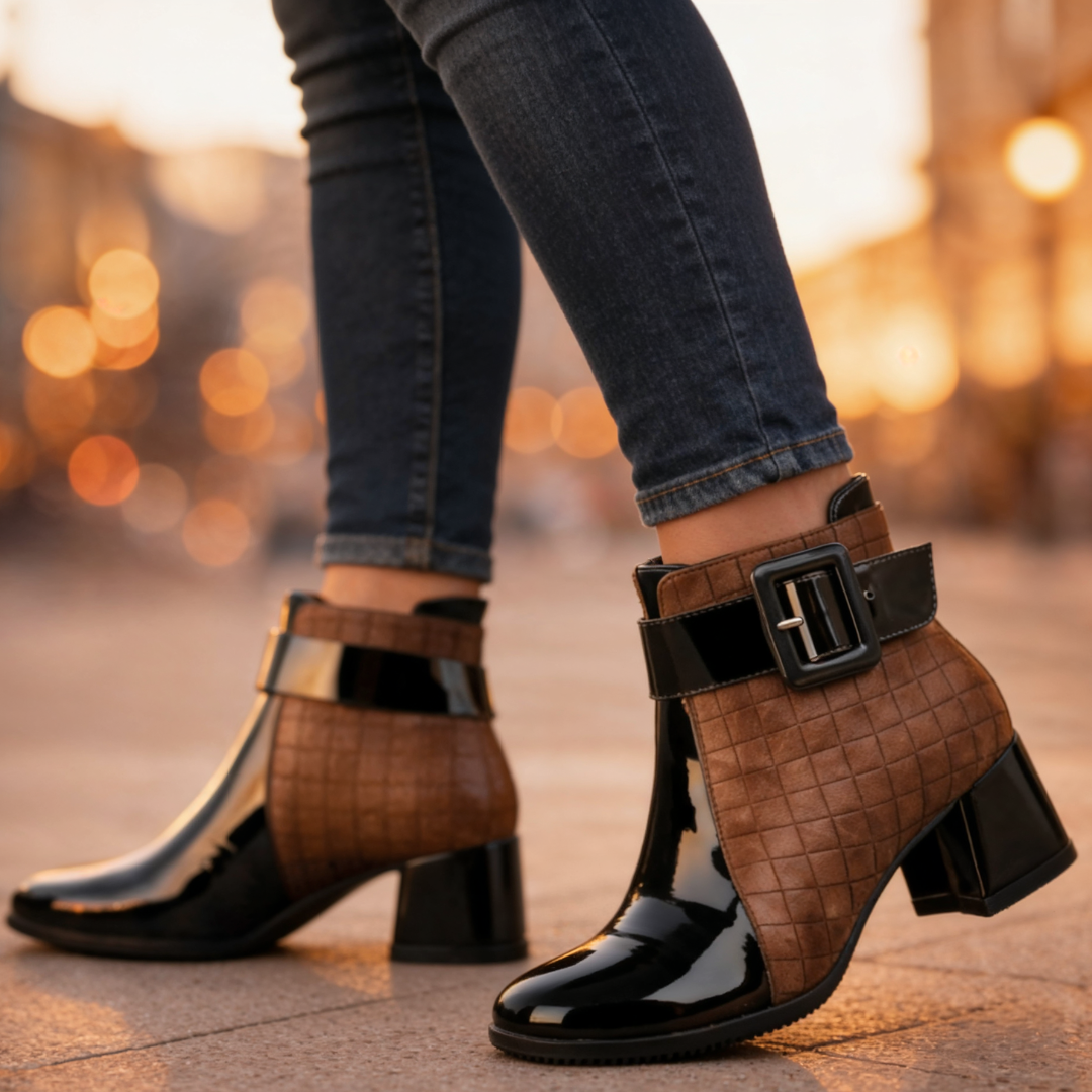 Vittoria Patent Leather Ankle Boots – Quilted Buckle Block-Heel Footwear