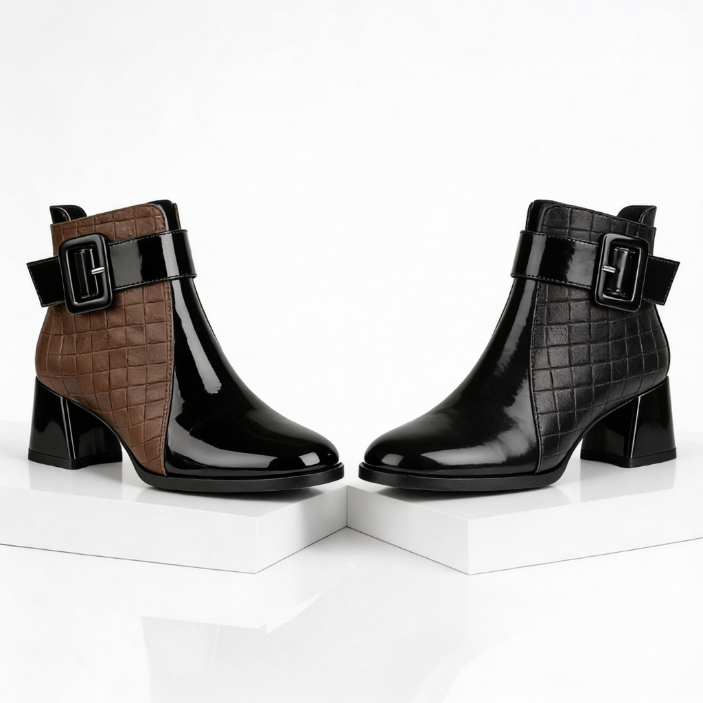 Vittoria Patent Leather Ankle Boots – Quilted Buckle Block-Heel Footwear