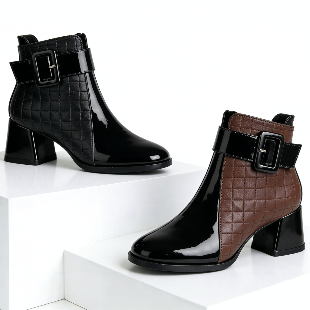 Vittoria Patent Leather Ankle Boots – Quilted Buckle Block-Heel Footwear