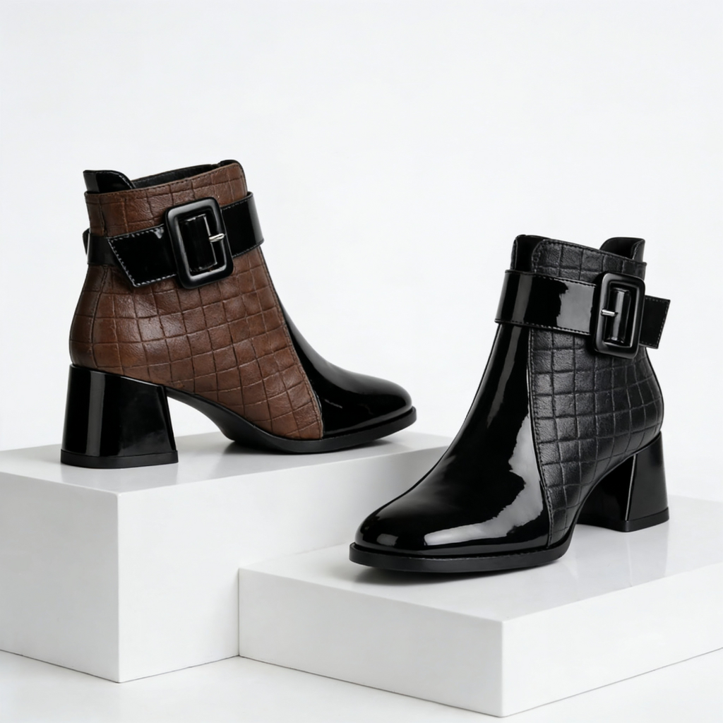 Vittoria Patent Leather Ankle Boots – Quilted Buckle Block-Heel Footwear