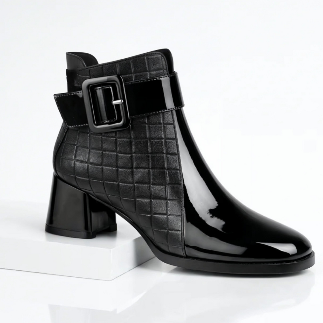Vittoria Patent Leather Ankle Boots – Quilted Buckle Block-Heel Footwear