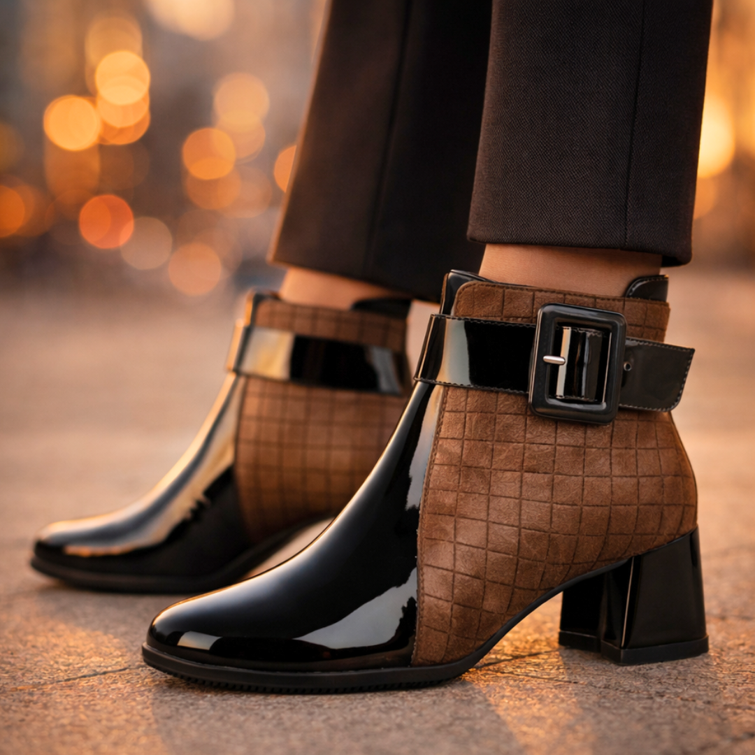 Vittoria Patent Leather Ankle Boots – Quilted Buckle Block-Heel Footwear