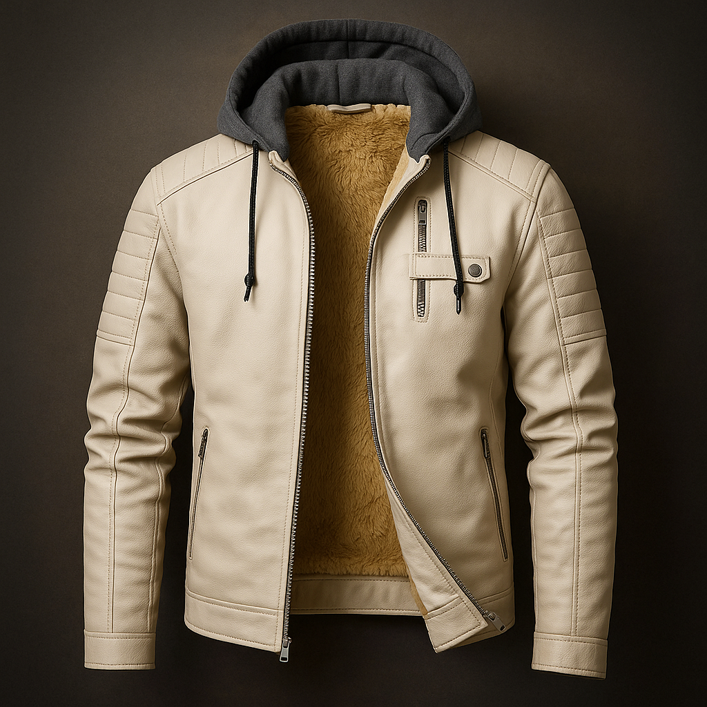 Beige leather jacket featuring a removable hood, warm fleece lining, quilted shoulder panels, and full-zip front on a dark background.