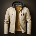 Beige leather jacket featuring a removable hood, warm fleece lining, quilted shoulder panels, and full-zip front on a dark background.